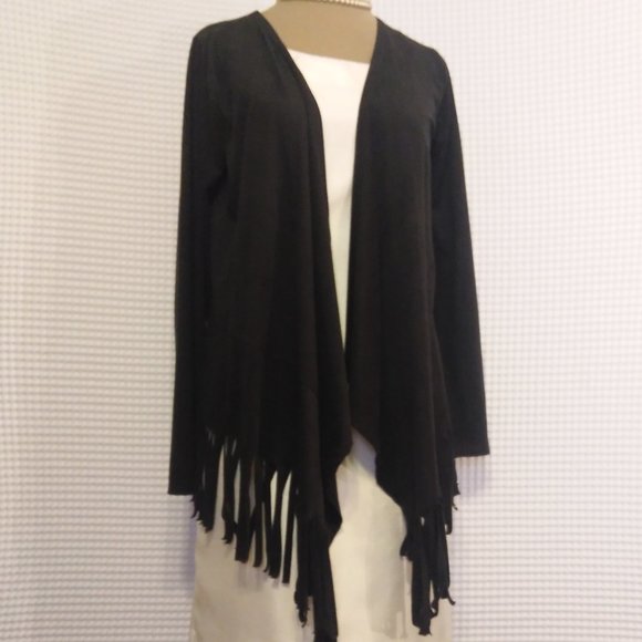 UNBRANDED Jackets & Blazers - BLACK FRINGED OPEN SWING LIGHT FAUX SUEDE MICROFIBER JACKET